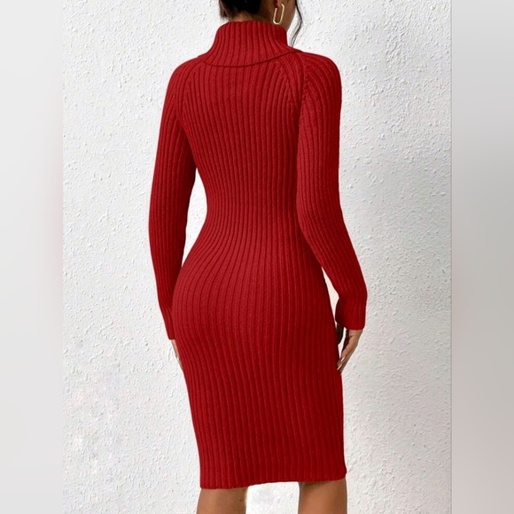NEW Luxe Ribbed Knit Turtleneck Sweater Dress Bodycon Twist Waist Red - Picture 3 of 8